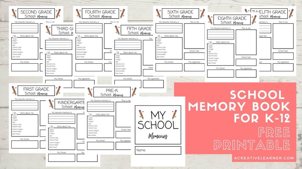 School Memory Book PreK to Twelfth (PreK 12) Grade Printable PDF FREE